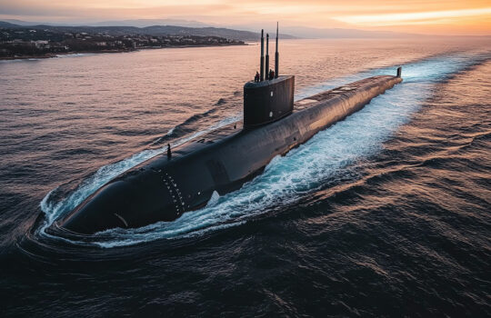 Submarine cutting through the ocean at sunset, with its wake trailing and a distant coastline visible stress-free in the orange sky.