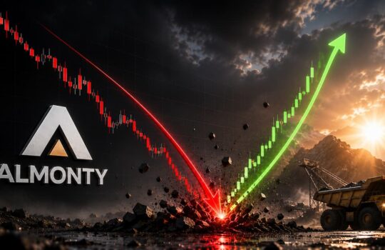 ALMONTY logo with a red downward stock line reversing toward a green upward trend beside a mining site at sunset.