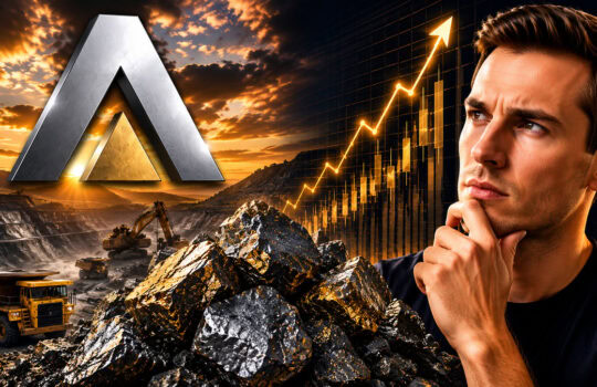 Mining site with excavators and trucks, a large metallic A-shaped logo, and a man contemplating a rising stock chart in the background.