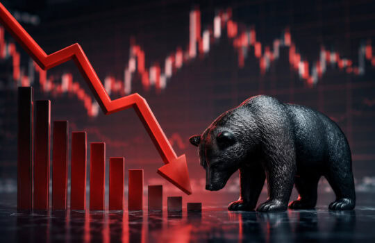 Bear market concept: a dark bear statue beside a sinking red arrow and falling bars on a trading backdrop.