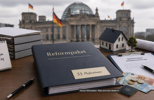 Desk with a binder labeled Reformpaket, stacks of folders, a model house, money and plans on the table; Reichstag building in the background with German flags.