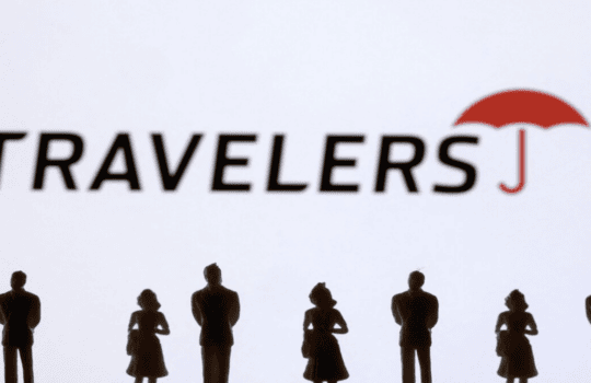 Travelers logo with a red umbrella over the J and a line of silhouetted people below it on a light background.