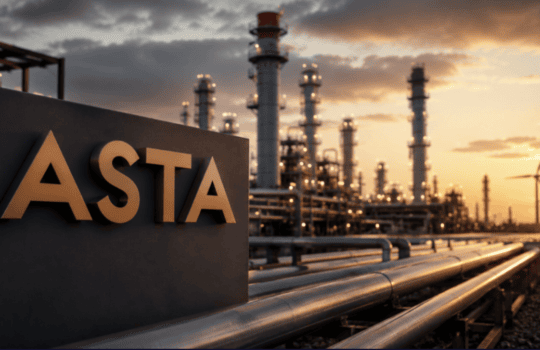 ASTA sign in foreground of an oil refinery, with pipelines and tall processing towers at sunset.