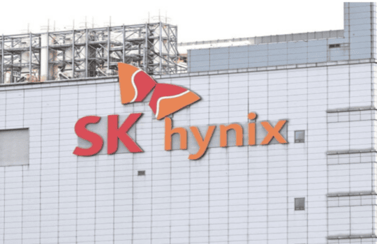 Exterior of a white tiled building displaying the SK hynix logo.