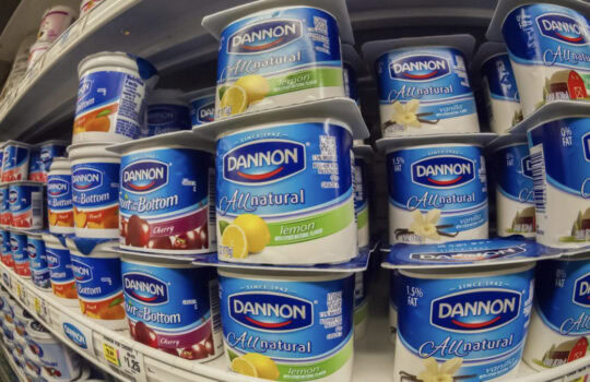 Stacks of Dannon All Natural lemon yogurt tubs on a supermarket shelf