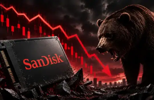 Bear snarls at a Sandisk SSD as a red downward stocks graph looms behind, signaling data loss risk or market crash impact on storage.