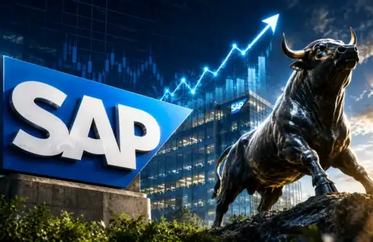 SAP sign beside a bronze bull statue with a glowing upward-trending chart in the background, signaling growth and momentum.
