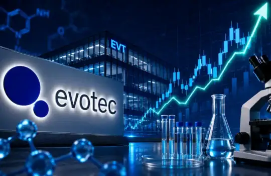 Evotec branding on a lab backdrop with glassware and a bright upward blue growth chart.
