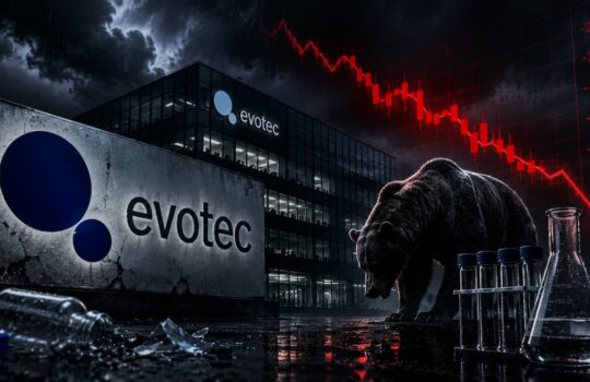 Nighttime scene of Evotec building with a large bear and a red, downward-trending stock chart to convey biotech market downturns.