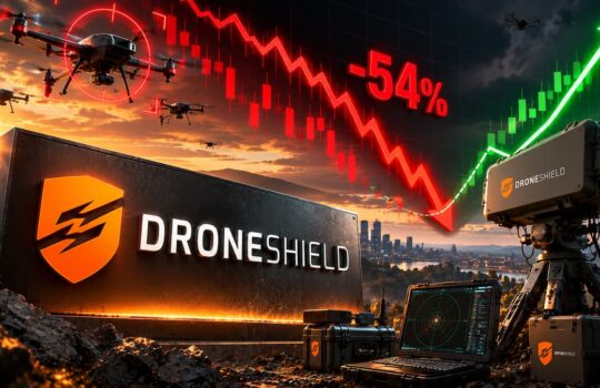 Droneshield branding with a security drone setup, red market decline graphic and green uptrend arrows in the sky, signaling risk and tech focus on drones.