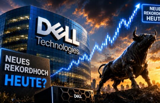 Dell Technologies building at sunset with a charging bull statue, blue neon stock graph, and a sign reading 'Neues Rekordhoch Heute?'.