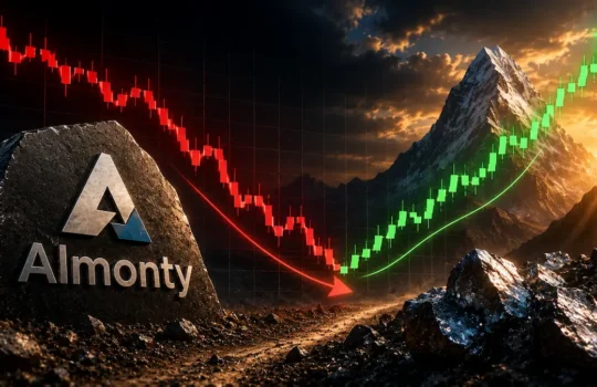 Almonty logo on a rock with a red downward stock chart turning into a green upward chart over rugged mountains at sunrise, symbolizing recovery.