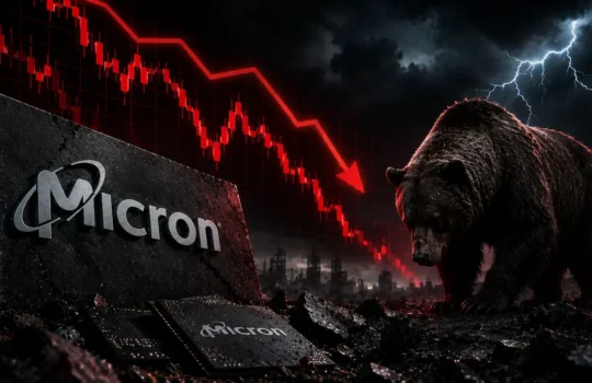 Bear standing amid dark wreckage beside a Micron logo and a plunging red stock chart, signaling a market crash for the company.