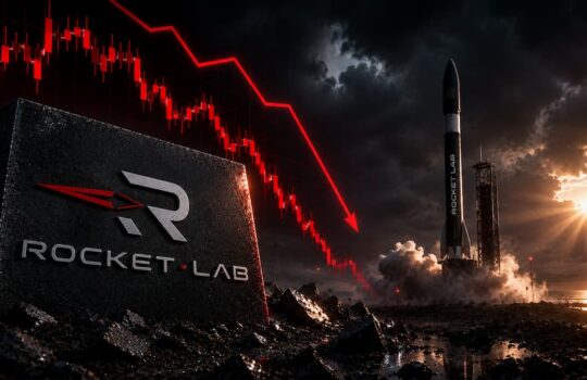Rocket Lab logo on a rough black block with red upward arrow turned downward, amid a dark stormy landscape and a launch pad in the background at sunset.
