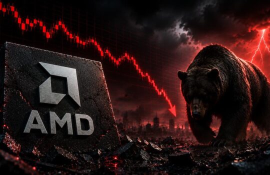 Bear charges toward a cracked AMD logo in a ruined city as a red downward stock chart dominates the dark, stormy sky.