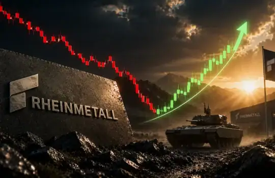 Rheinmetall logo on a rocky wall beside a tank; a green upward stock-curve arcs over a sunset-lit landscape.