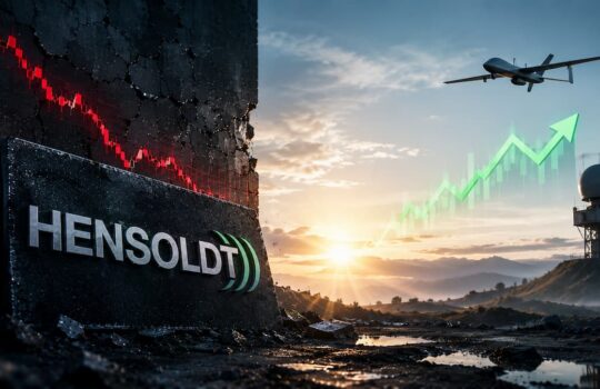 HENSOLDT sign on a rugged monument with a red stock market line, a rising green arrow, and a radar dome at sunset; a plane flies overhead, suggesting growth in defense tech.
