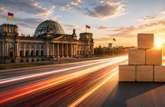 Parliament building with a glass dome at sunset, flags waving, and a stack of wooden blocks on a road with light trails in the foreground.