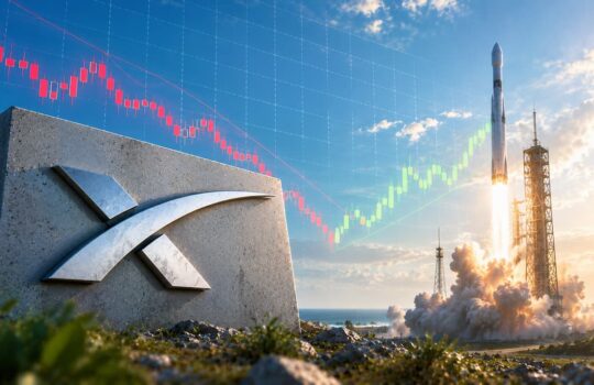 SpaceX logo on a concrete block as a rocket launches at sunrise with a stock market candle chart overlaid in the sky, showing a rising and falling trend.