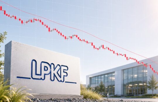 LPKF sign in the foreground beside a modern glass-front office building, with a red downward-trending stock chart across the sky.
