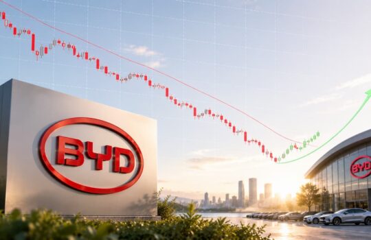 BYD dealership exterior with a large red BYD sign; a stock chart with a downward trend and a green arrow turning upward to suggest growth.