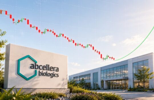 Abcellera Biologics headquarters sign beside a modern office building with a stock chart showing an upward trend in the sky, implying growth.