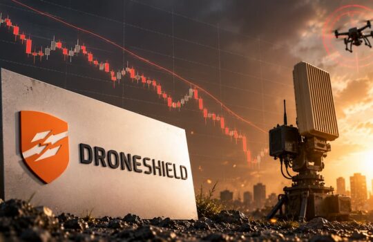 DroneShield sign in foreground with a ground-based radar/munitions setup; a drone hovers against a city skyline and a red stock-chart overlay at sunset, symbolizing drone defense tech.