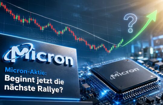 Micron logo and a computer chip on a circuit board with a stock chart and a green upward arrow, suggesting a potential Micron rally (German headline)