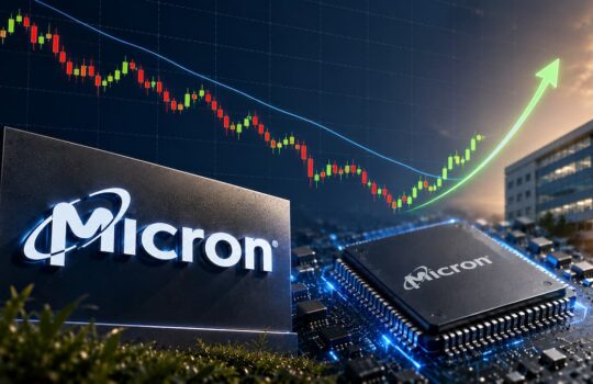 Micron logo on a chip and circuit board with a green up-arrow showing rising stock trend in the background.