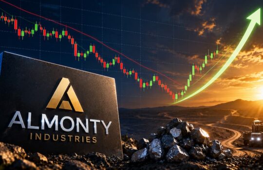 Almonty Industries sign at a mining site with a rising stock chart and glowing green growth arrow in the background at sunset