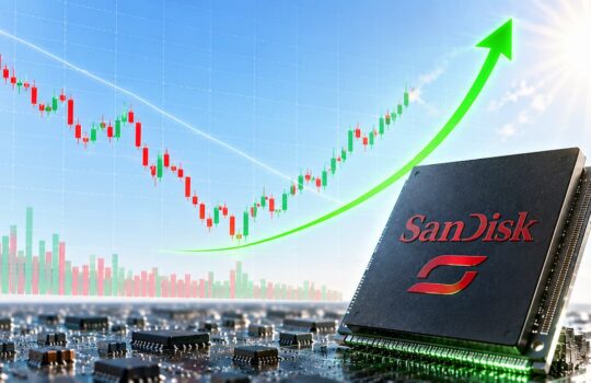 SanDisk memory module with a green upward-trending arrow and rising stock chart in the background, signaling growth in storage tech.
