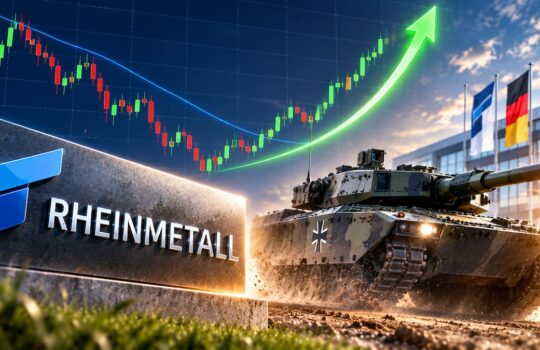 Rheinmetall sign beside a military tank; a bright green upward arrow and rising stock chart in the background suggest growth.