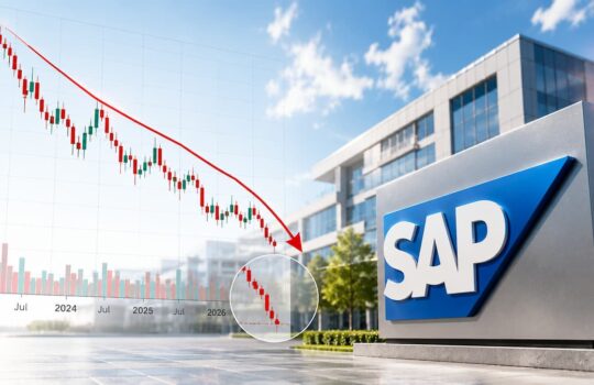 Stock chart with a steep downward trend ending near 2026, shown beside the SAP headquarters sign in front of the building.