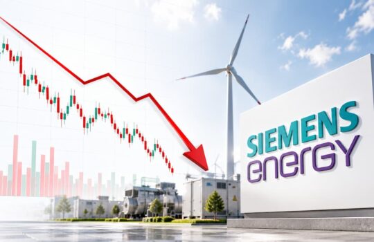 Siemens Energy sign beside a wind turbine with a red downward stock chart arrow in the foreground, suggesting a decline in energy stocks.