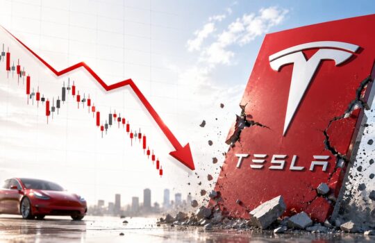 Red Tesla car beside a cracked red Tesla sign as a downward stock chart arrow dominates the background.