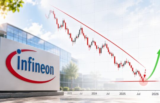 Infineon sign beside a stock chart with a red downward trend line and a green projected rebound curve.
