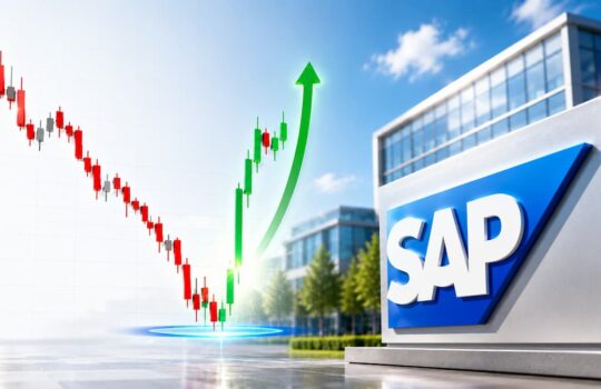 SAP branding beside a stock chart with a bold green upward arrow indicating growth
