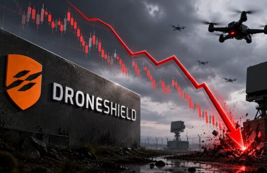 Droneshield branding on a dark wall with a red downward-trending stock chart and drones hovering in a testing field.