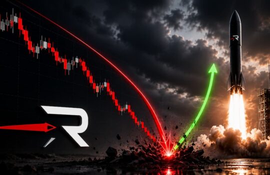 Rocket launch lifting off beside a red downward stock chart and a bright green up-arrow, symbolizing market recovery and growth after a decline.