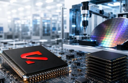 Close-up of a semiconductor board with a black processor bearing a red question-mark logo, next to stacked memory chips and a colorful silicon wafer in a high-tech production line.