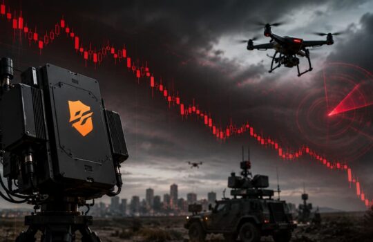 Military surveillance scene with a quadcopter drone, armored vehicle, and sensor cabinet on a desert landscape; red radar beam and candlestick chart in the stormy sky