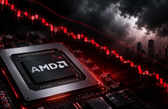 AMD processor on a motherboard with a red downward-trending stock chart and dark stormy sky in the background, signaling market decline for tech stocks.