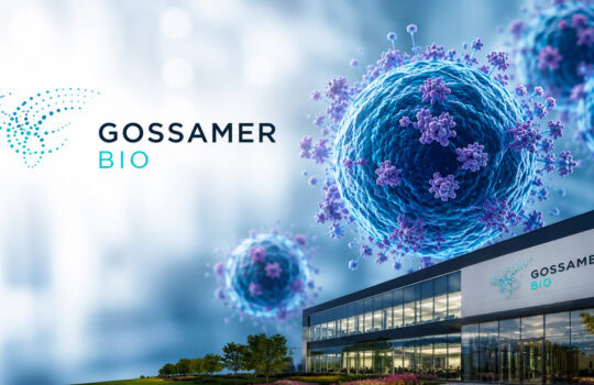 Gossamer Bio branding with a large blue viral particle artwork over a modern office building exterior.