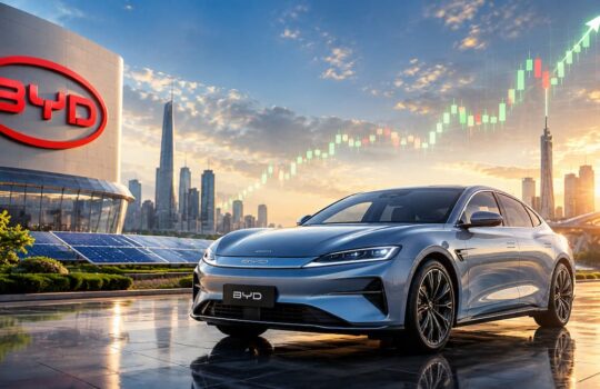 Blue BYD sedan in a futuristic cityscape with an upward-trending chart in the sky.