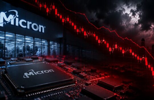 Micron logo on a factory facade with a circuit board in the foreground and a red downward stock chart overlaying the scene