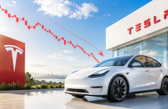 White Tesla car in front of a modern dealership with a red TESLA sign; a red downward stock-chart arrow arches in the sky.