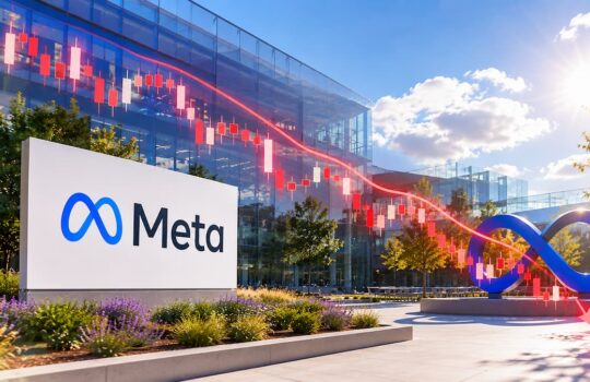 Meta headquarters exterior with logo; blue infinity loop sculpture and stock chart overlay showing red candlesticks, suggesting market activity.