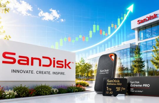 SanDisk sign and memory cards displayed outside a modern office campus with a rising chart arrow in the sky, implying growth and innovation.
