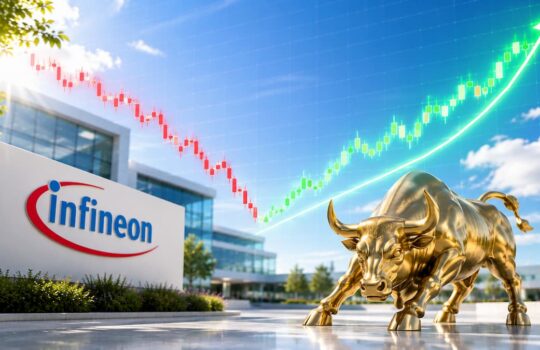 Golden bull statue in front of Infineon headquarters with an upward-trending stock chart in the sky.
