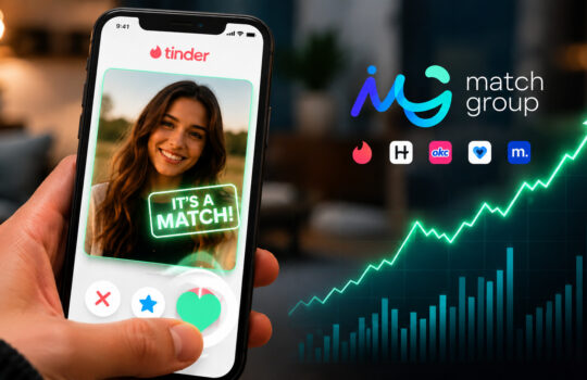 Hand holding a phone showing Tinder match screen with a glowing 'It's a Match' badge